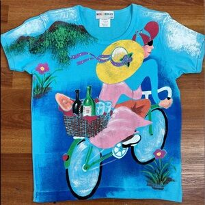 Vintage KOLORWAY NWOT hand painted picnic love stroll wearable art cotton tee M